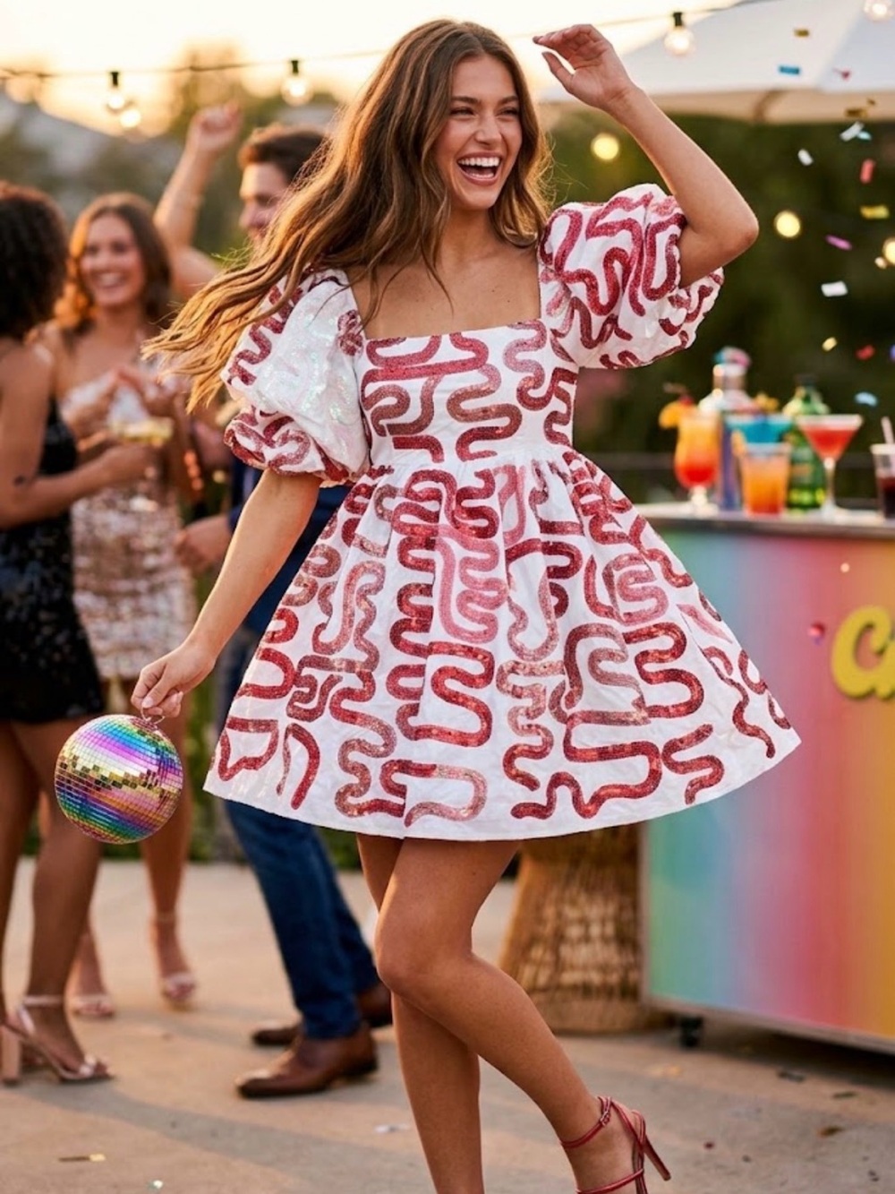 New! Rare! QUEEN OF SPARKLES Red and White Squiggle Sequin Dress